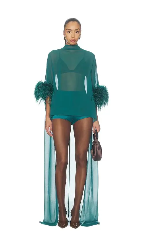 Lapointe Lightweight Georgette High Low Mock Neck Top With Feathers