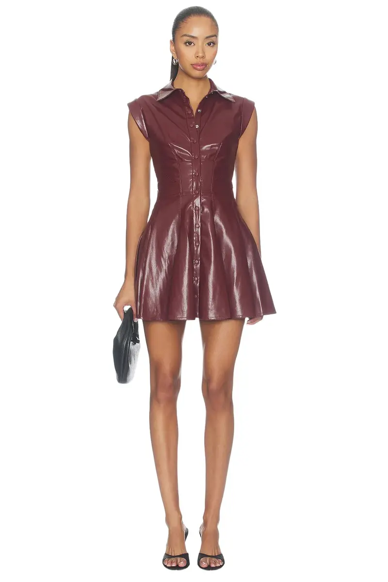 Alice + Olivia Kim Faux Leather Paneled Corset Flared Mini Shirt Dress