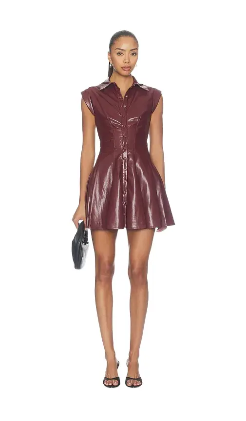 Alice + Olivia Kim Faux Leather Paneled Corset Flared Mini Shirt Dress