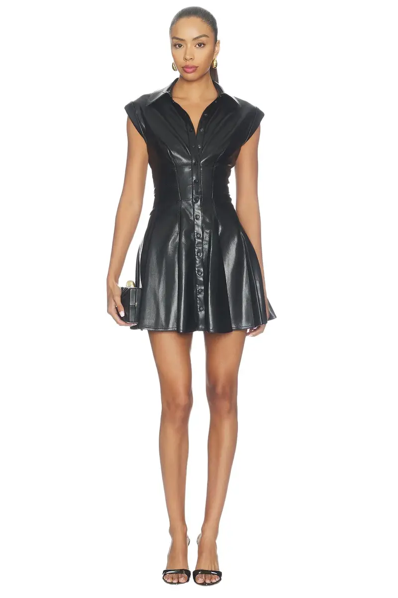 Alice + Olivia Kim Faux Leather Paneled Corset Flared Mini Shirt Dress Alice + Olivia Kim Faux Leather Paneled Corset Flared Mini Shirt Dress