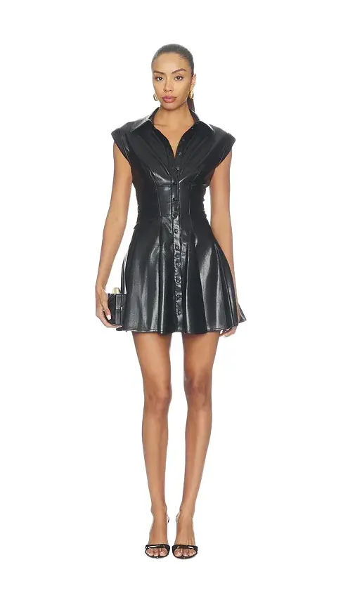 Alice + Olivia Kim Faux Leather Paneled Corset Flared Mini Shirt Dress Alice + Olivia Kim Faux Leather Paneled Corset Flared Mini Shirt Dress