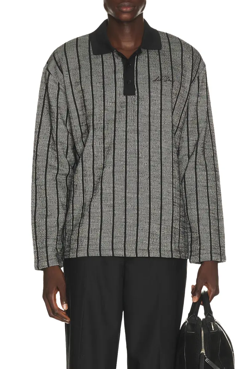 Pinstriped Jacquard Long Sleeve Polo