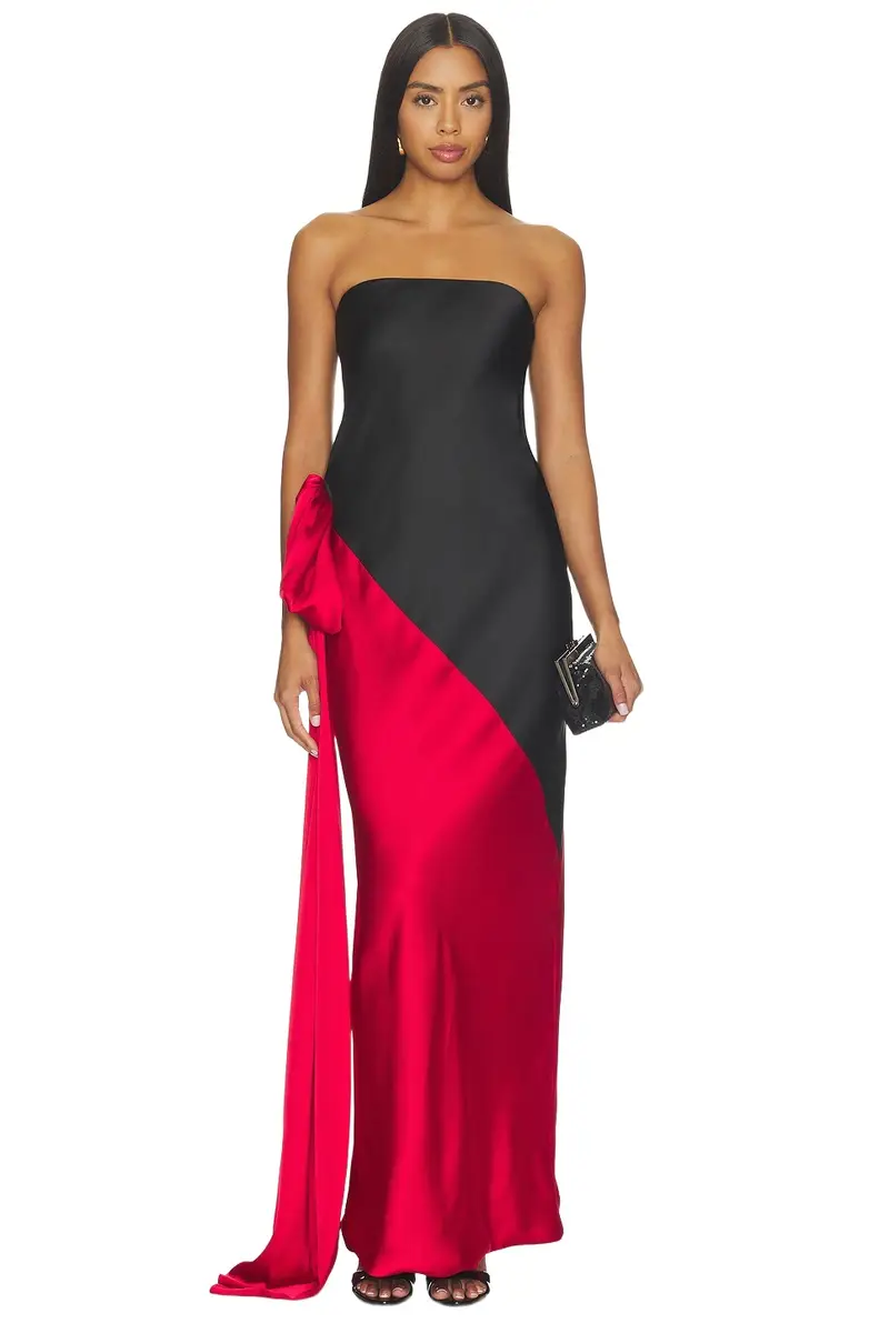 Norma Kamali Spliced Bias Strapless Gown With Bow