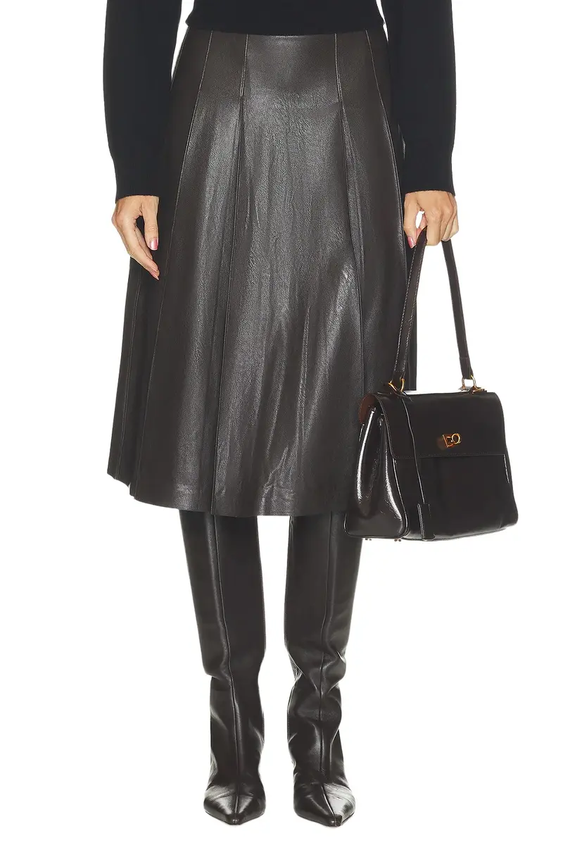 Faux Leather Pleated Midi Skirt