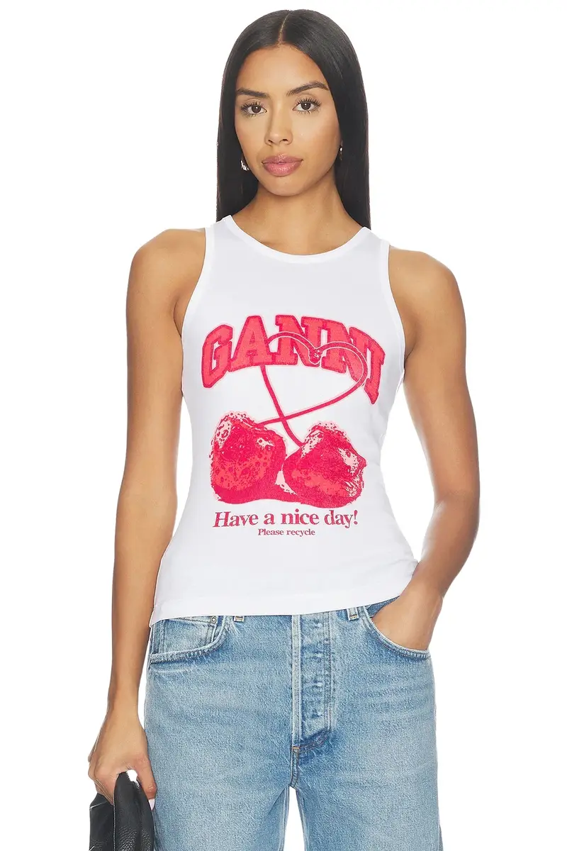 Ganni Compact Rib Jersey Tank Cherry