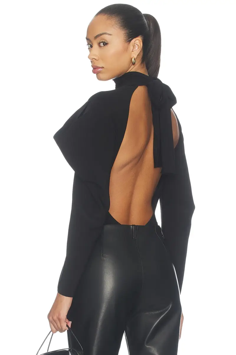 Wing Sleeve Open Back Bow Neck Bodysuit