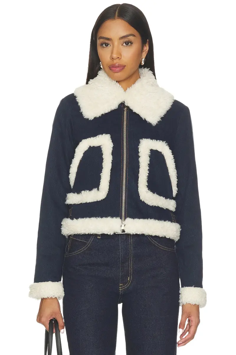 Alice + Olivia Alice + Olivia Isaiah Faux Shearling Cropped Aviator Denim Jacket