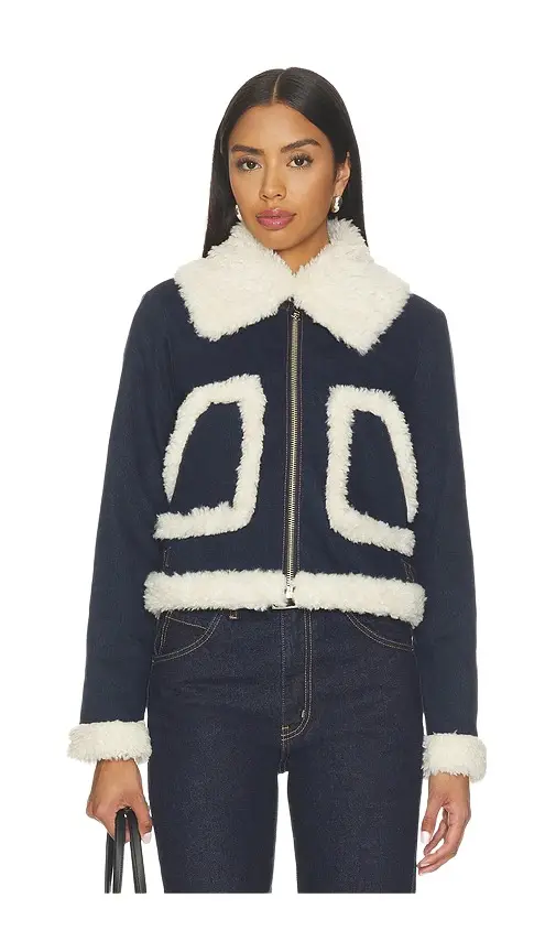 Alice + Olivia Alice + Olivia Isaiah Faux Shearling Cropped Aviator Denim Jacket