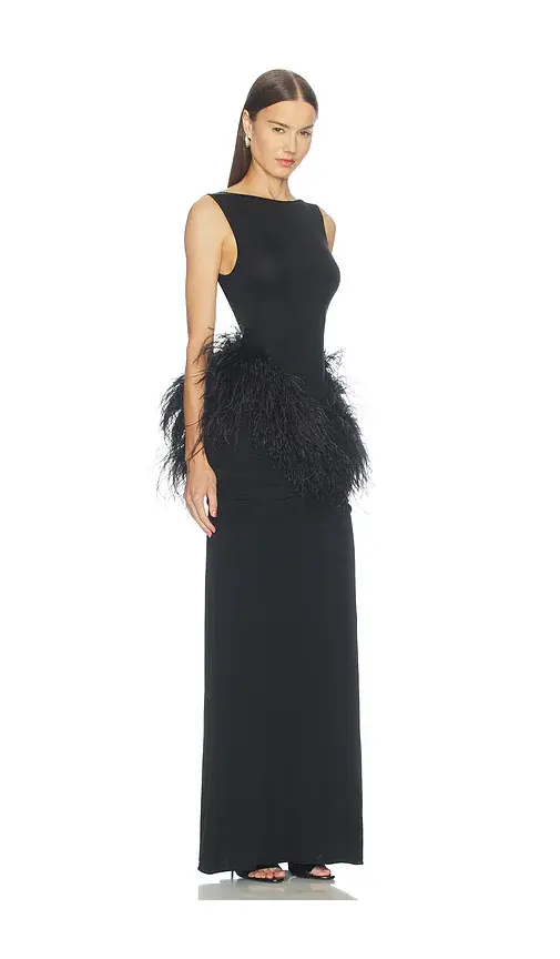 Lapointe Jersey Long Sleeve Shirred Hip Gown With Feathers | Thumbnail 2 Lapointe Jersey Long Sleeve Shirred Hip Gown With Feathers | Thumbnail 2