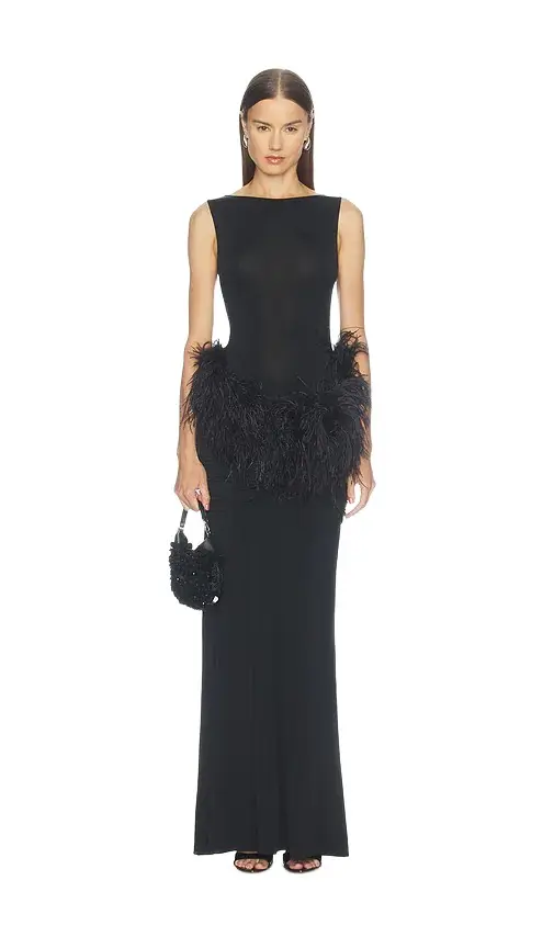 Lapointe Jersey Long Sleeve Shirred Hip Gown With Feathers
