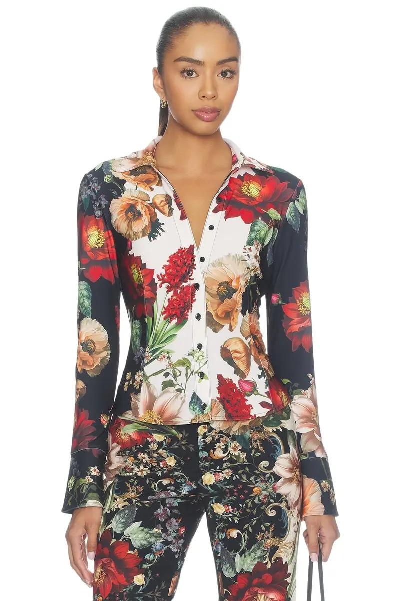 Alice + Olivia Alice + Olivia Freya Fitted Nipped Waist Button Down Top