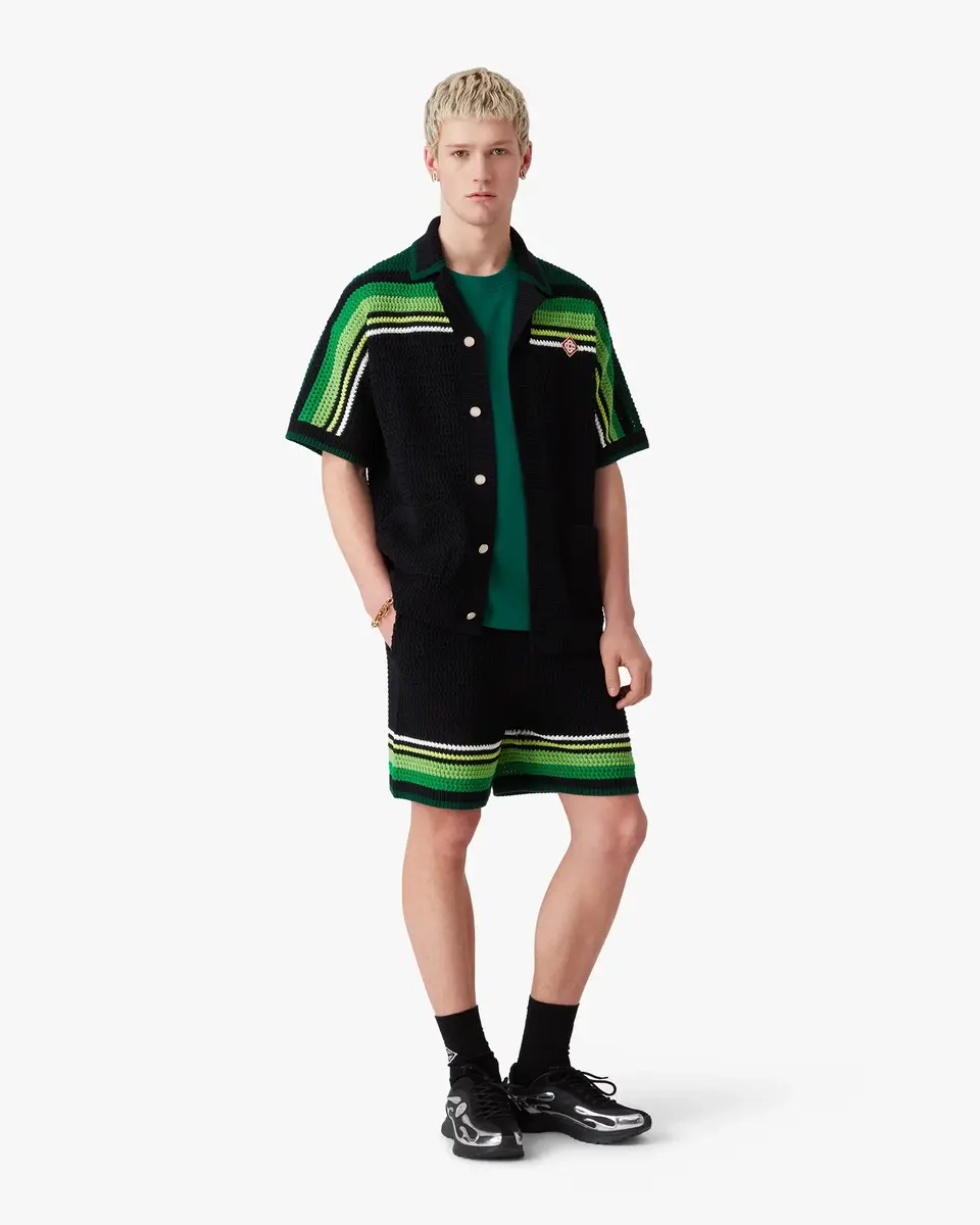 Casablanca Black & Green Striped Short Sleeve Crochet Shirt | Thumbnail 2
