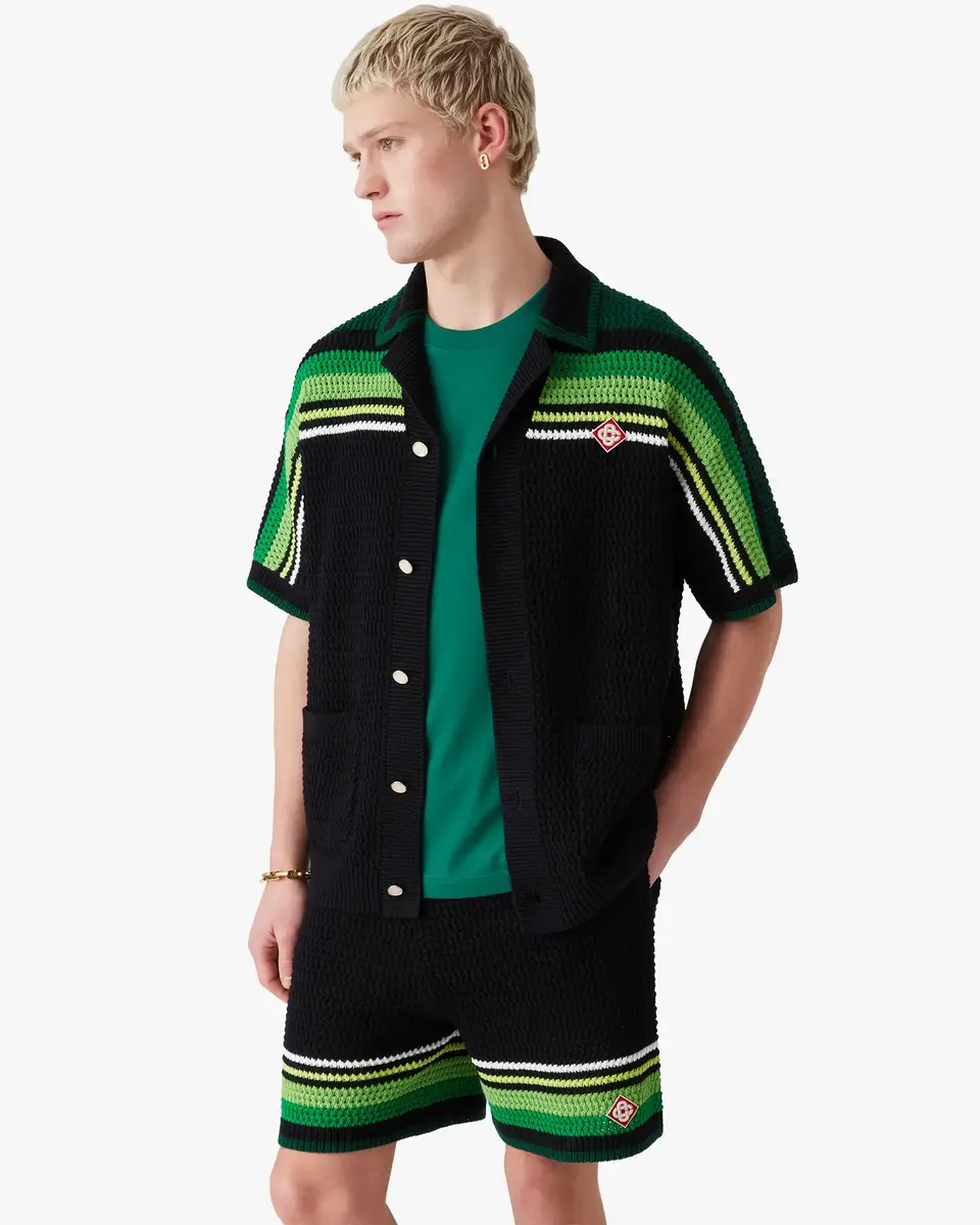 Casablanca Black & Green Striped Short Sleeve Crochet Shirt | Thumbnail 4