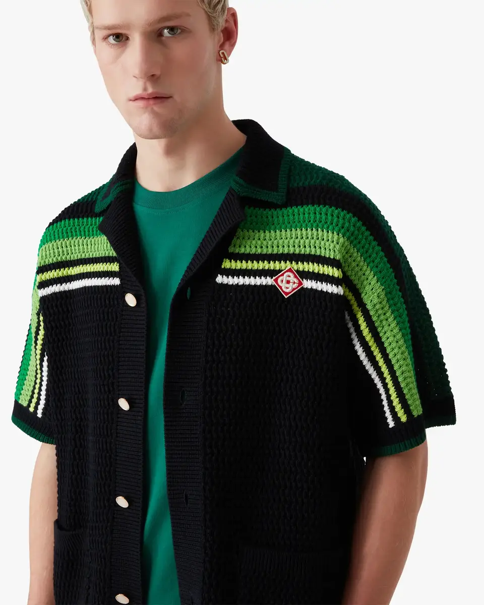 Casablanca Black & Green Striped Short Sleeve Crochet Shirt | Thumbnail 5