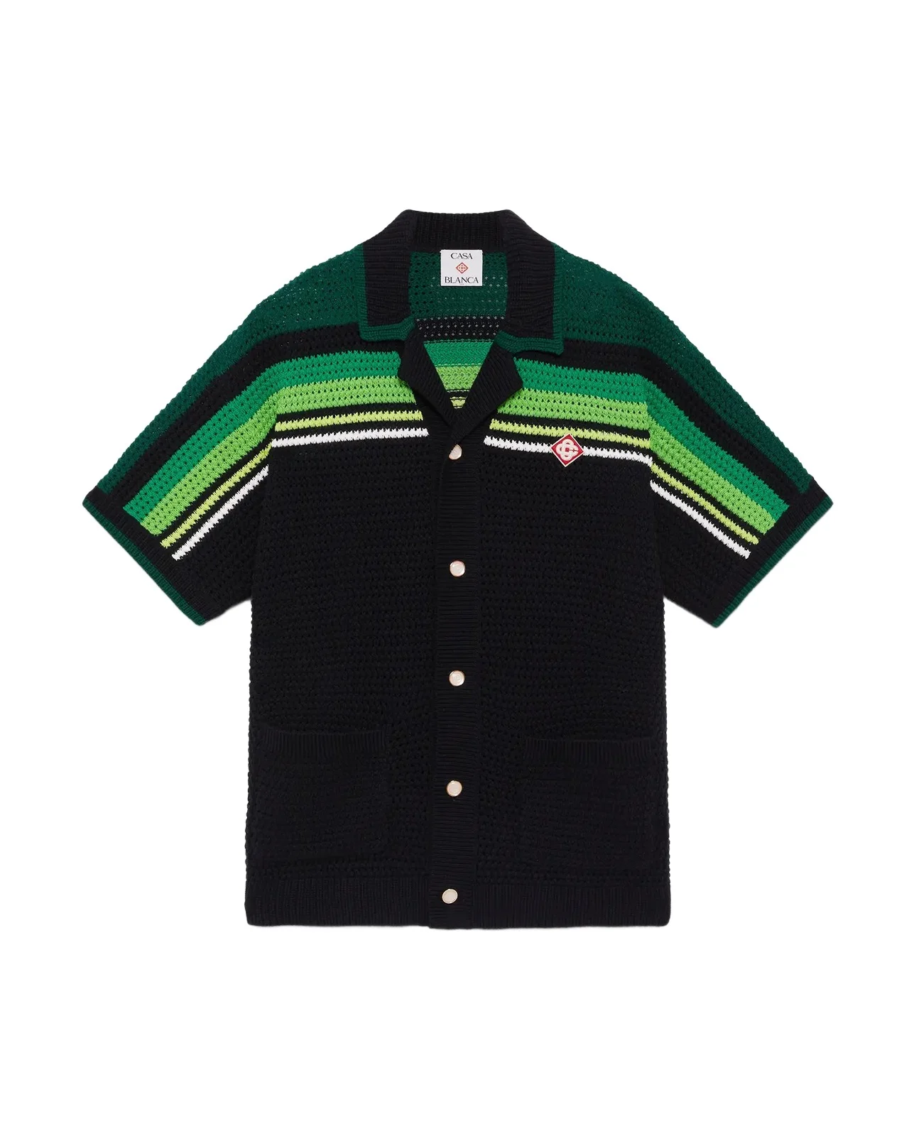 Casablanca Black & Green Striped Short Sleeve Crochet Shirt