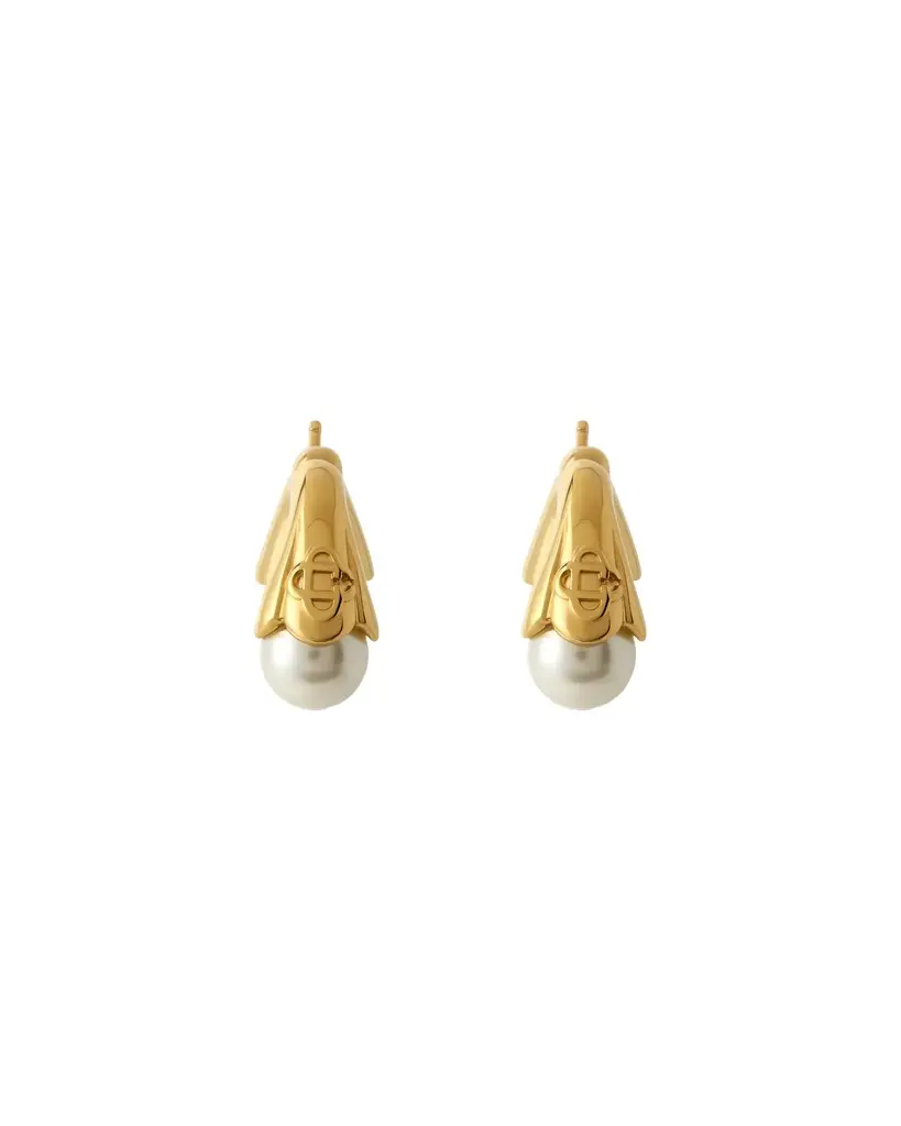 Casablanca Gold & White Double Lotus Pearl Earrings