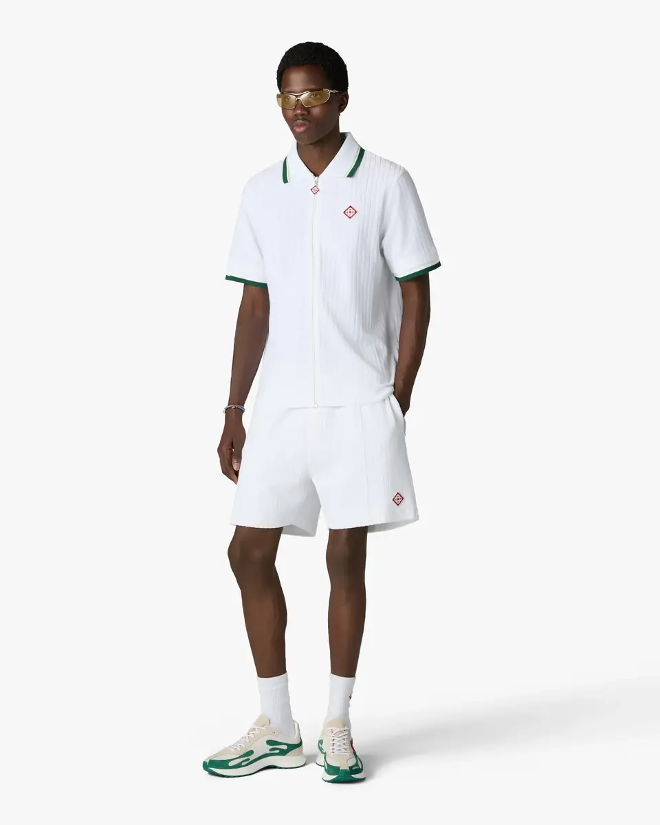Casablanca White Striped Velour Zip-Up Short Sleeve Shirt | Thumbnail 2