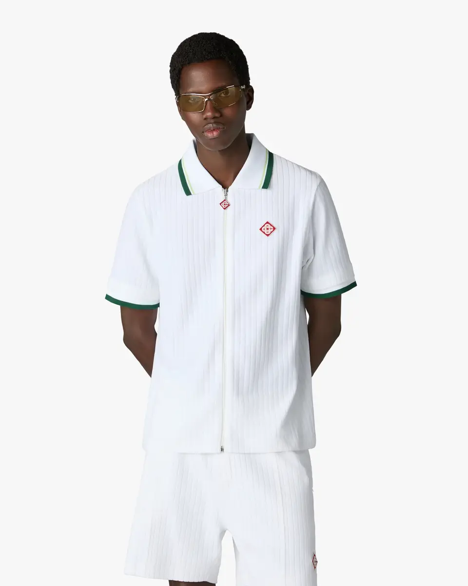 Casablanca White Striped Velour Zip-Up Short Sleeve Shirt | Thumbnail 4