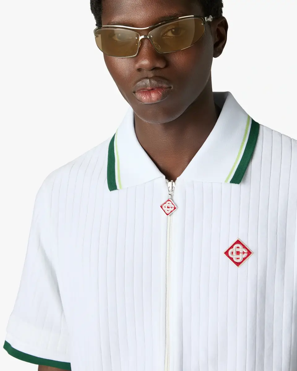 Casablanca White Striped Velour Zip-Up Short Sleeve Shirt | Thumbnail 5