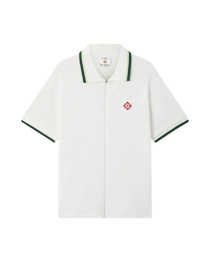 Casablanca White Striped Velour Zip-Up Short Sleeve Shirt