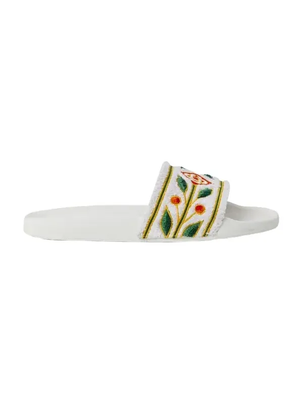 White Embroidered Terry Slides