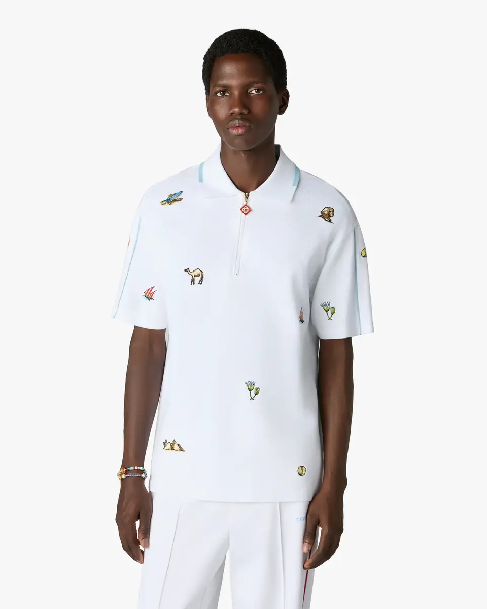 Casablanca White Icon Quarter Zip Embroidered Short Sleeve Polo Shirt in Light Blue | Thumbnail 4