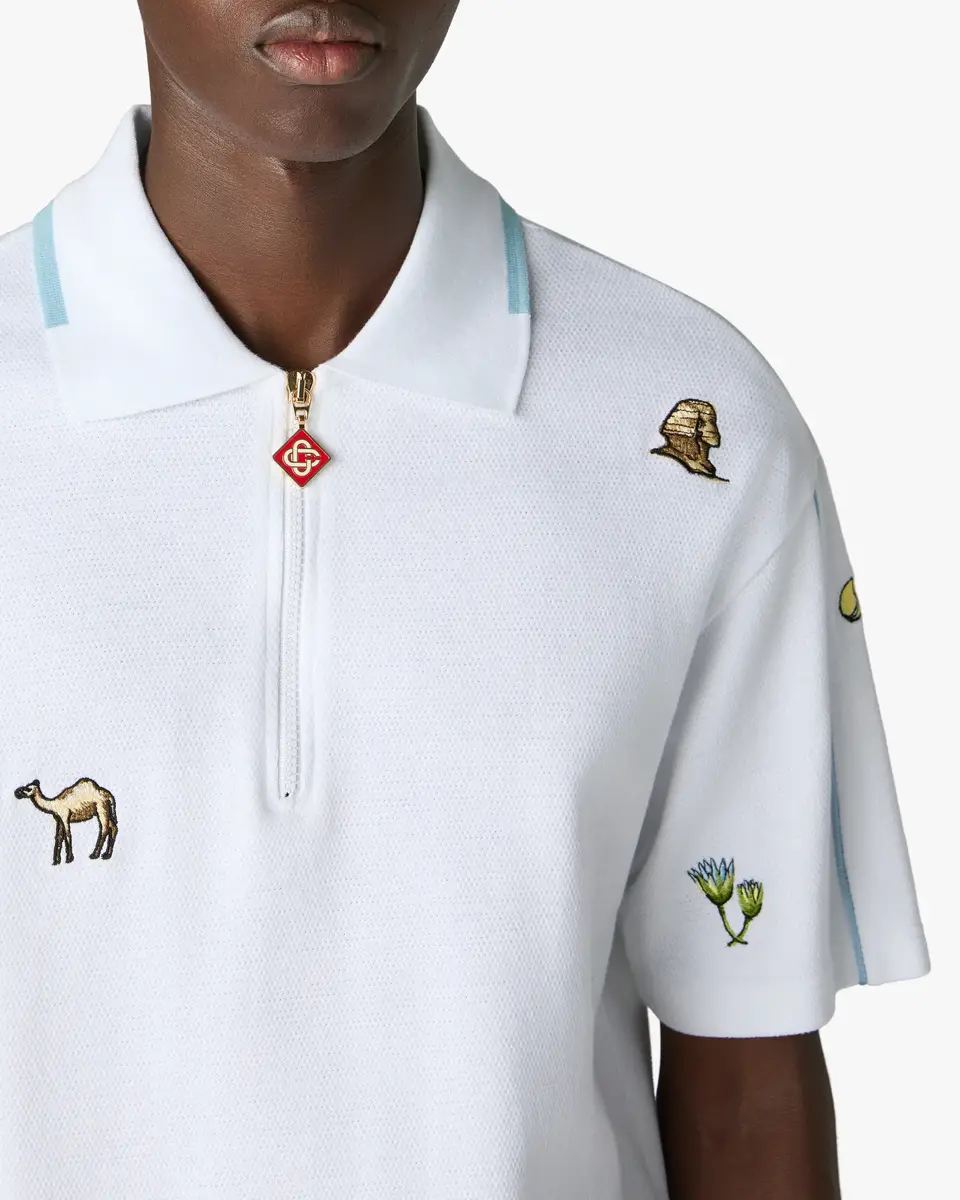 Casablanca White Icon Quarter Zip Embroidered Short Sleeve Polo Shirt in Light Blue | Thumbnail 5