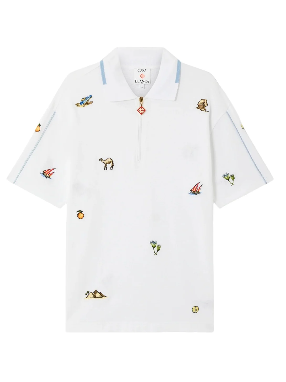 Casablanca White Icon Quarter Zip Embroidered Short Sleeve Polo Shirt in Light Blue