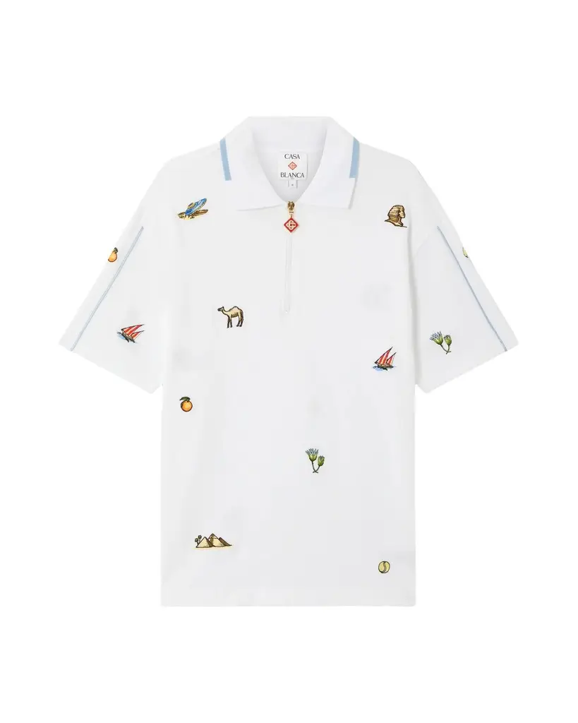 White Icon Quarter Zip Embroidered Short Sleeve Polo Shirt in Light Blue