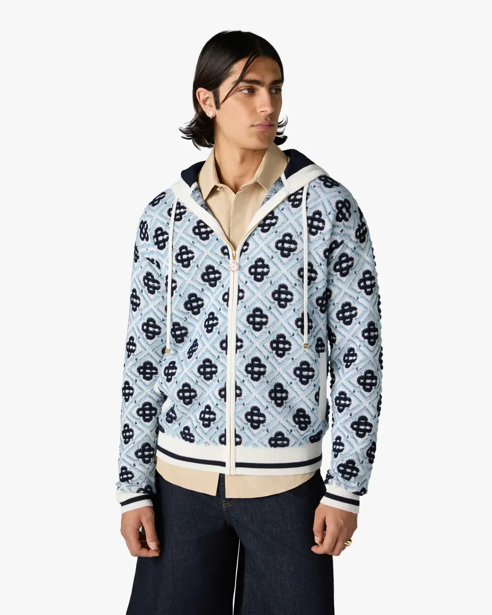 Casablanca Blue Merino Monogram Zip-Up Hooded Sweatshirt | Thumbnail 4 Casablanca Blue Merino Monogram Zip-Up Hooded Sweatshirt | Thumbnail 4