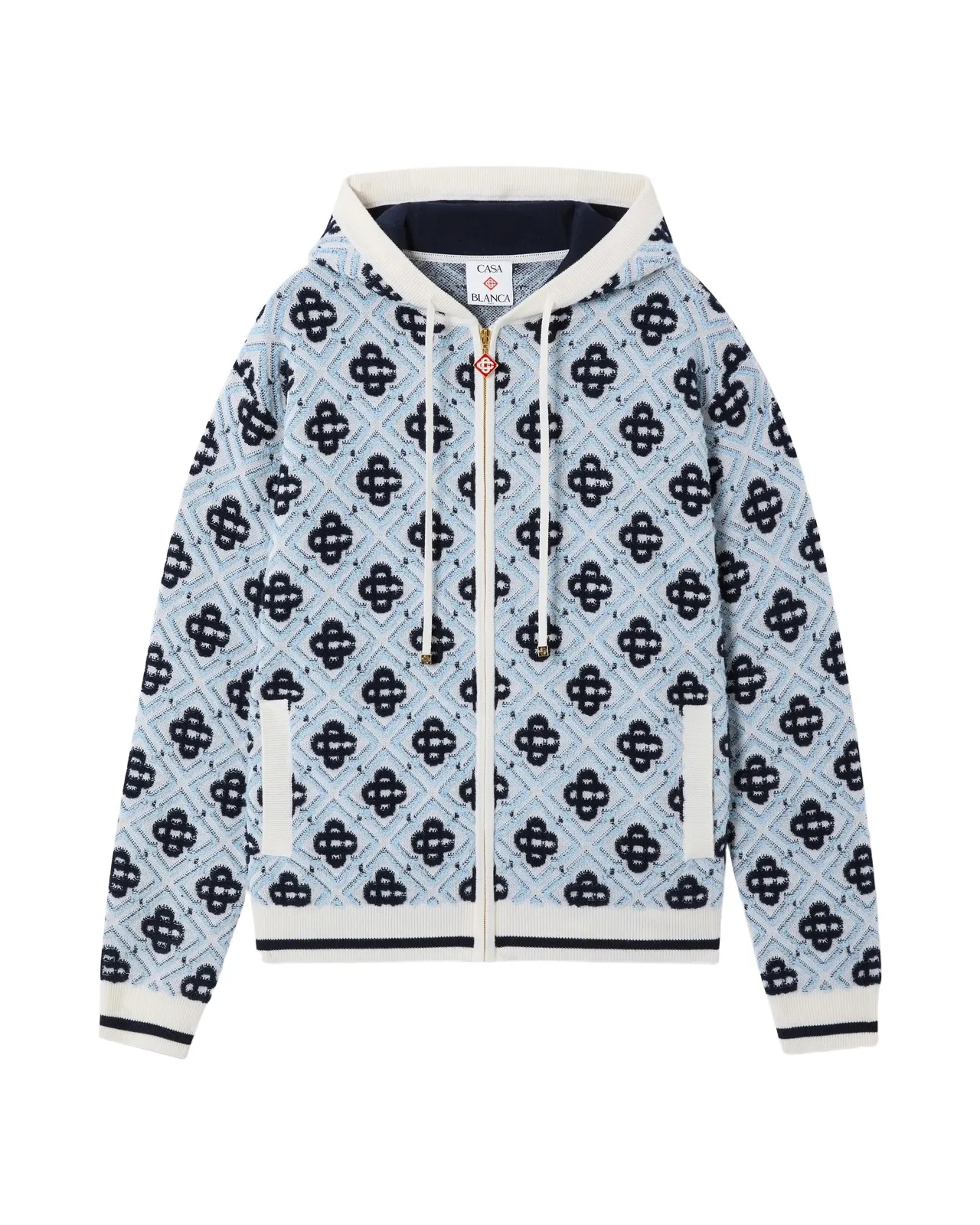 Casablanca Blue Merino Monogram Zip-Up Hooded Sweatshirt