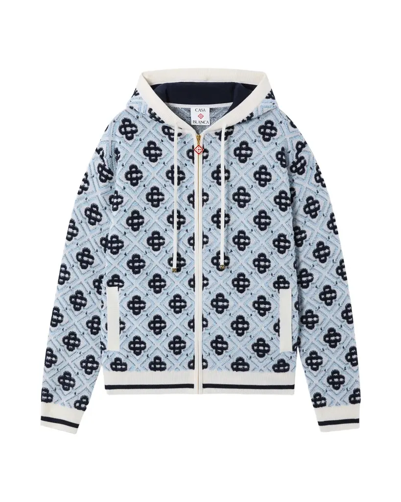 Blue Merino Monogram Zip-Up Hooded Sweatshirt Blue Merino Monogram Zip-Up Hooded Sweatshirt