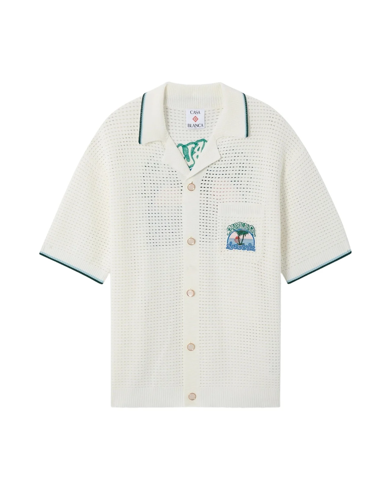 White Palm Tree Emblem Crochet Short Sleeve Shirt White Palm Tree Emblem Crochet Short Sleeve Shirt