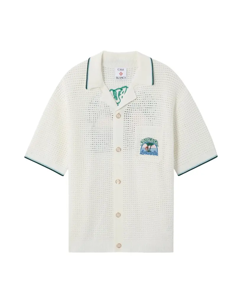 White Palm Tree Emblem Crochet Short Sleeve Shirt