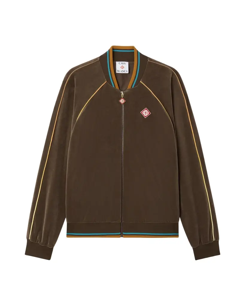 Dark Brown Velour Track Jacket in Yellow Dark Brown Velour Track Jacket in Yellow