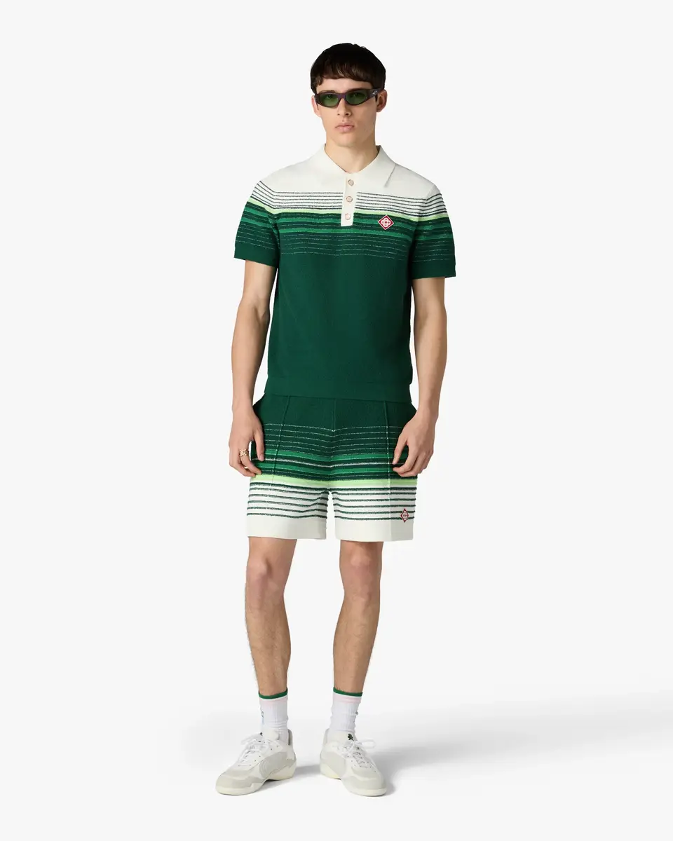 Casablanca White & Green Boucle Stripe Short Sleeve Polo Shirt | Thumbnail 2 Casablanca White & Green Boucle Stripe Short Sleeve Polo Shirt | Thumbnail 2