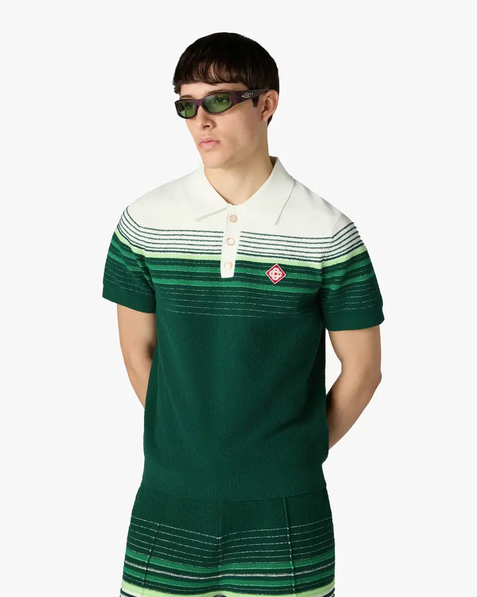 Casablanca White & Green Boucle Stripe Short Sleeve Polo Shirt | Thumbnail 4 Casablanca White & Green Boucle Stripe Short Sleeve Polo Shirt | Thumbnail 4