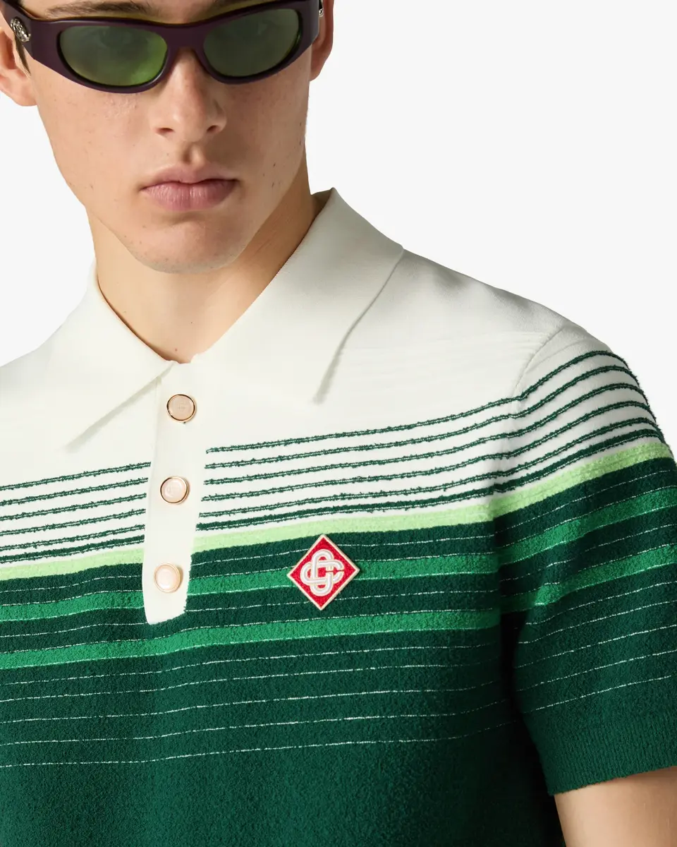 Casablanca White & Green Boucle Stripe Short Sleeve Polo Shirt | Thumbnail 5 Casablanca White & Green Boucle Stripe Short Sleeve Polo Shirt | Thumbnail 5