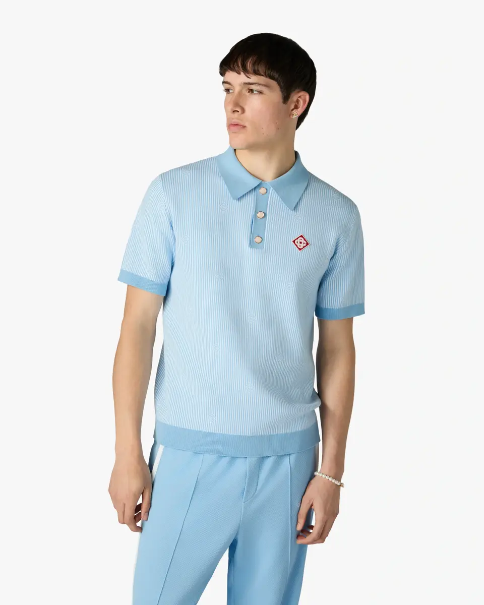 Casablanca Light Blue Pinstripe Short Sleeve Knit Polo Shirt | Thumbnail 4 Casablanca Light Blue Pinstripe Short Sleeve Knit Polo Shirt | Thumbnail 4