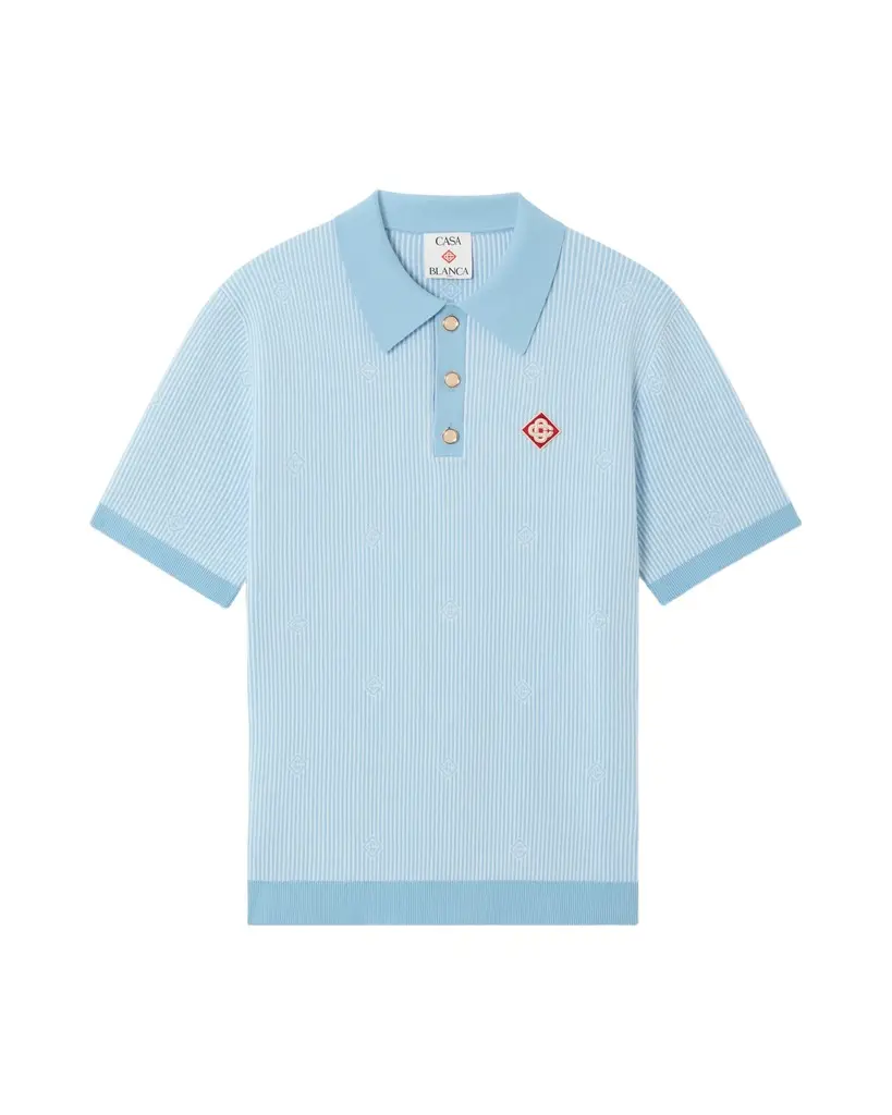 Casablanca Light Blue Pinstripe Short Sleeve Knit Polo Shirt