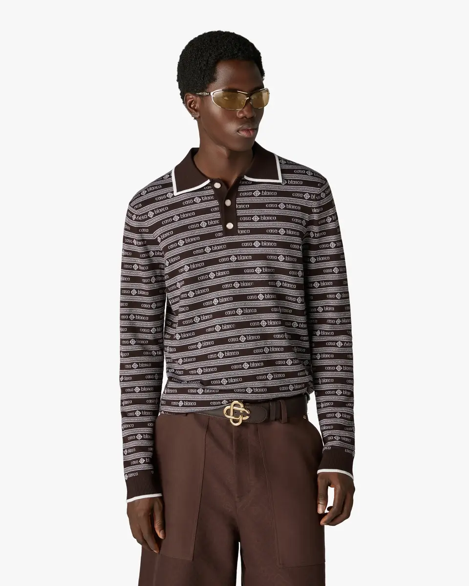 Casablanca Dark Brown Knit Logo Long Sleeve Polo Shirt | Thumbnail 4 Casablanca Dark Brown Knit Logo Long Sleeve Polo Shirt | Thumbnail 4
