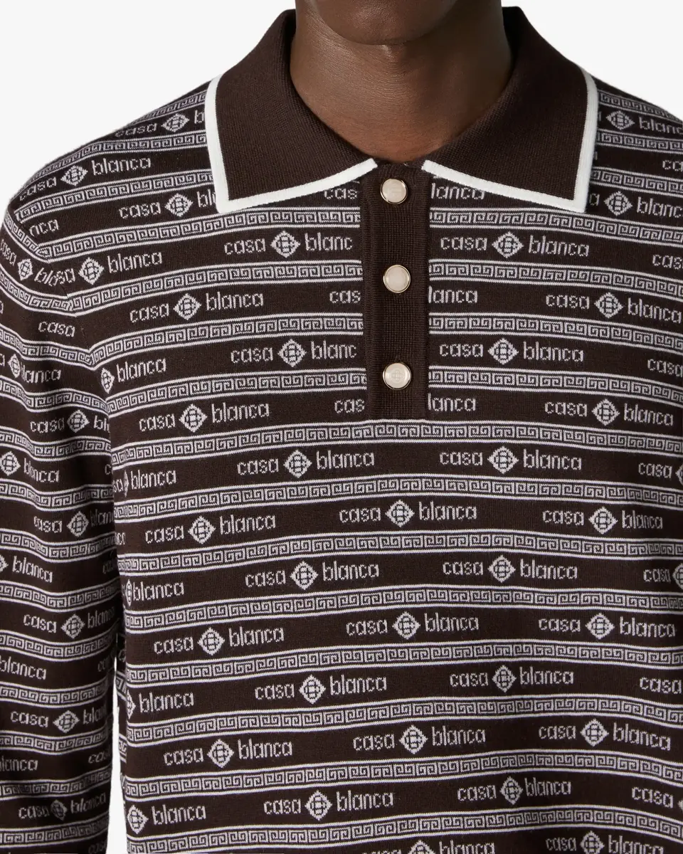 Casablanca Dark Brown Knit Logo Long Sleeve Polo Shirt | Thumbnail 5 Casablanca Dark Brown Knit Logo Long Sleeve Polo Shirt | Thumbnail 5