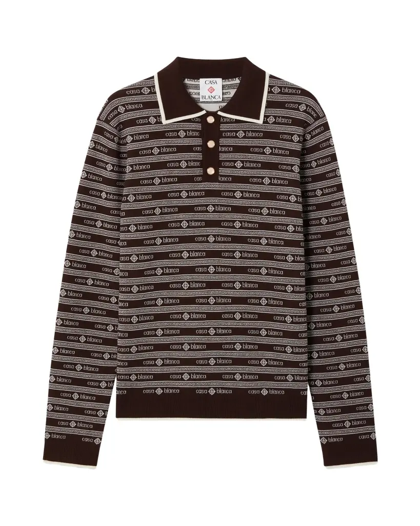 Casablanca Dark Brown Knit Logo Long Sleeve Polo Shirt