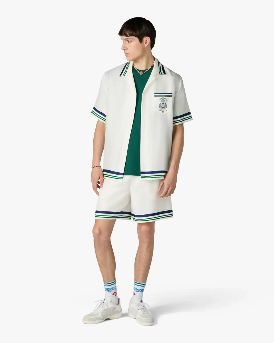 Casablanca White Hotel Emblem Short Sleeve Silk Shirt in Blue | Thumbnail 2 Casablanca White Hotel Emblem Short Sleeve Silk Shirt in Blue | Thumbnail 2