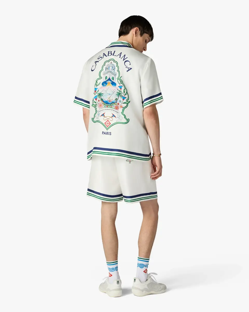 Casablanca White Hotel Emblem Short Sleeve Silk Shirt in Blue | Thumbnail 3 Casablanca White Hotel Emblem Short Sleeve Silk Shirt in Blue | Thumbnail 3