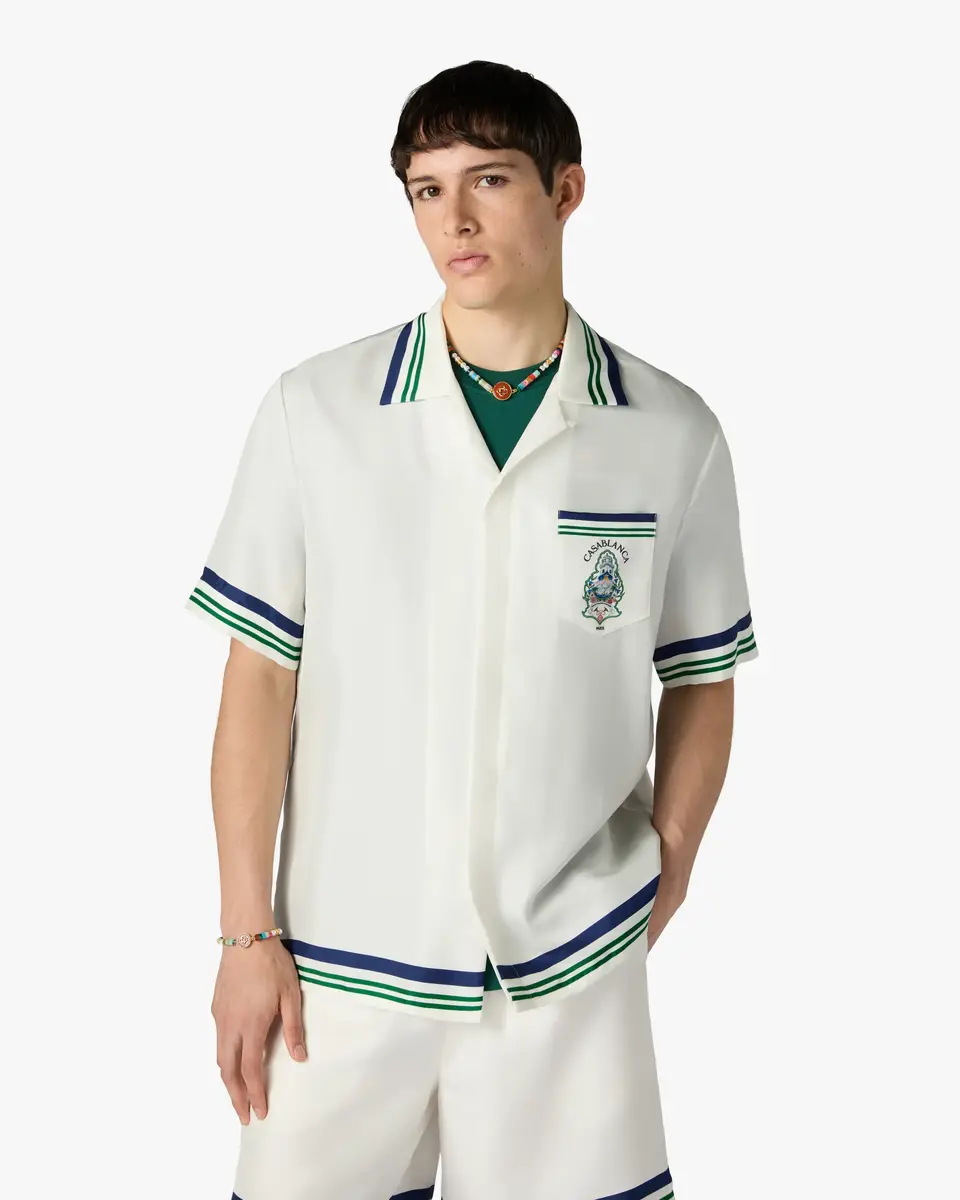 Casablanca White Hotel Emblem Short Sleeve Silk Shirt in Blue | Thumbnail 4 Casablanca White Hotel Emblem Short Sleeve Silk Shirt in Blue | Thumbnail 4