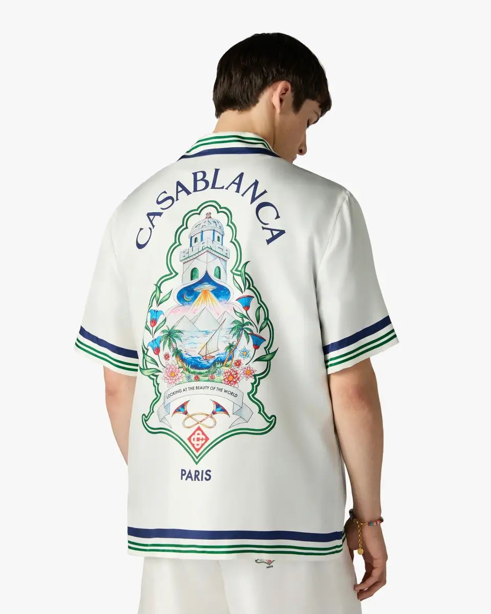 Casablanca White Hotel Emblem Short Sleeve Silk Shirt in Blue | Thumbnail 5 Casablanca White Hotel Emblem Short Sleeve Silk Shirt in Blue | Thumbnail 5