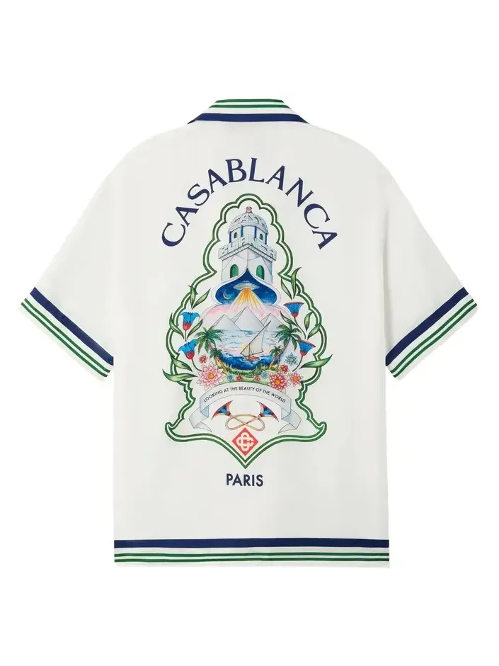 White Hotel Emblem Short Sleeve Silk Shirt in Blue White Hotel Emblem Short Sleeve Silk Shirt in Blue