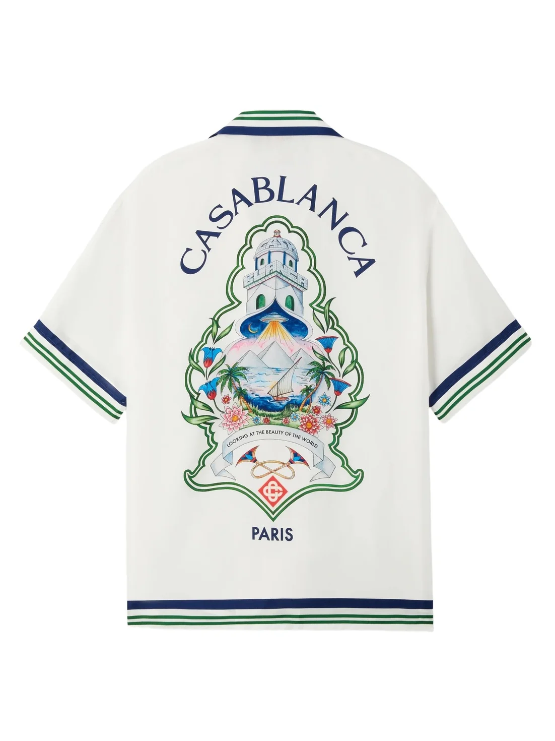Casablanca White Hotel Emblem Short Sleeve Silk Shirt in Blue