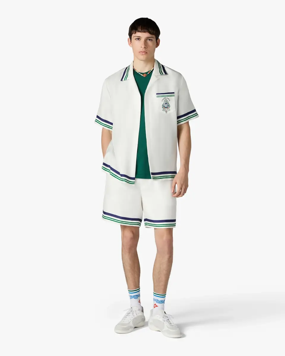 Casablanca White Hotel Emblem Silk Shorts in Blue | Thumbnail 2 Casablanca White Hotel Emblem Silk Shorts in Blue | Thumbnail 2